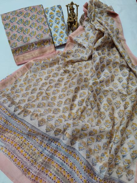 Pink Off White Hand Block Printed Maheswari Silk Kurti Dupatta And Cotton Pant