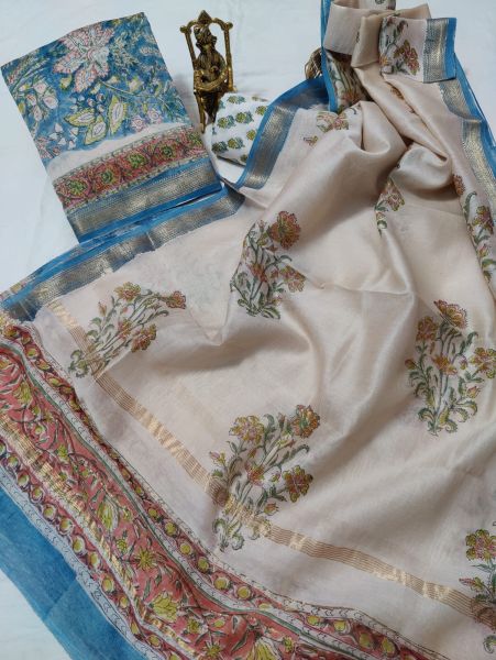 Cream Blue Hand Block Printed Maheswari Silk Kurti Dupatta And Cotton Pant