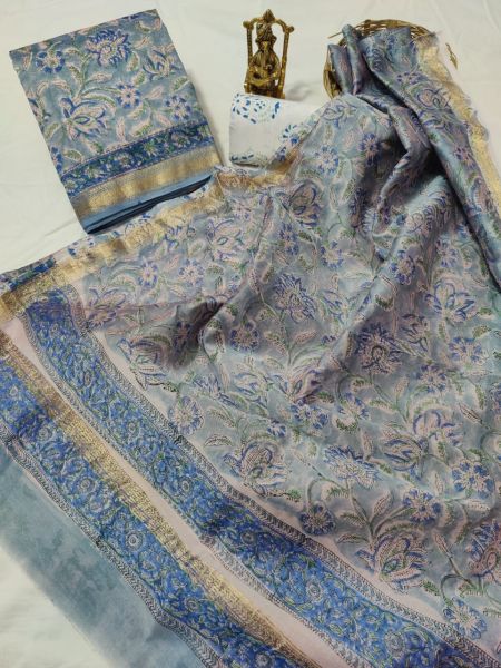 Grey Blue Hand Block Printed Maheswari Silk Kurti Dupatta And Cotton Pant