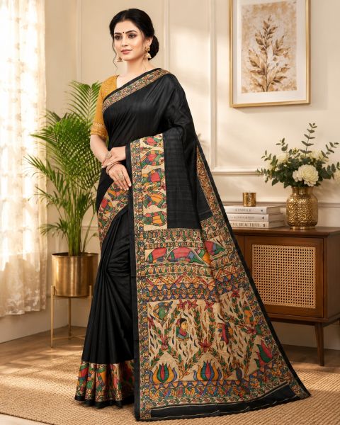 Black Traditional Wear Madhubani Pure Handloom Tassar Silk Saree