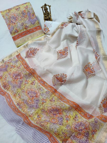 White Light Yellow Orange Hand Block Printed Maheswari Silk Kurti Dupatta And Cotton Pant