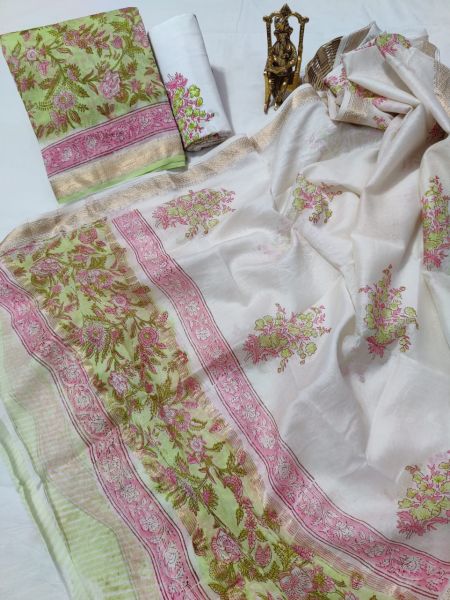 White Parrot Green Hand Block Printed Maheswari Silk Kurti Dupatta And Cotton Pant