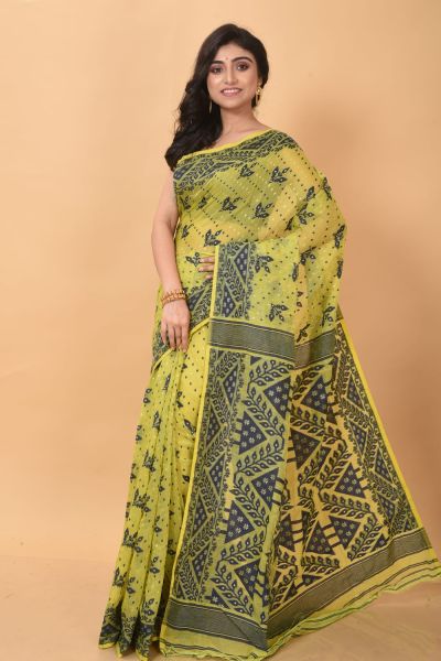 Avocado Green Dhakai Jamdani Pure Handloom Flower Leaf Design Saree