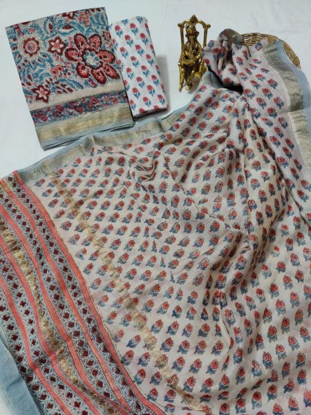Multicolor Hand Block Printed Maheswari Silk Kurti Dupatta And Cotton Pant