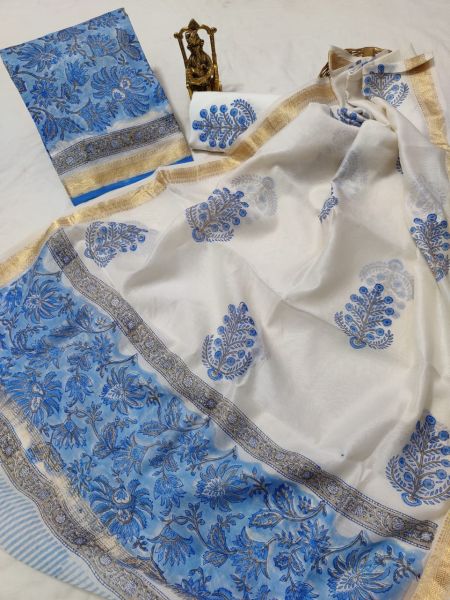 Blue Off White Hand Block Printed Maheswari Silk Kurti Dupatta And Cotton Pant