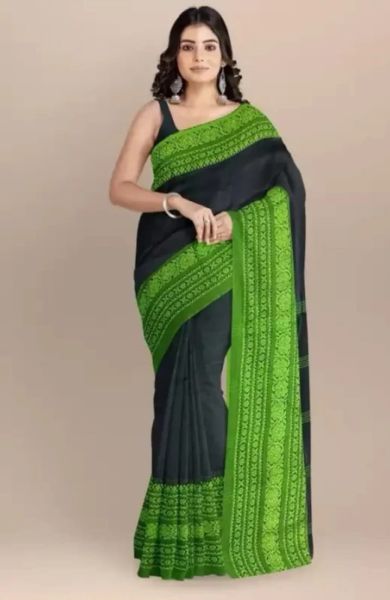Black Green Plain Body Pure Handloom Cotton Saree
