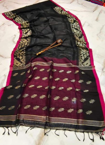 Black Linen Flower Design Handloom Saree
