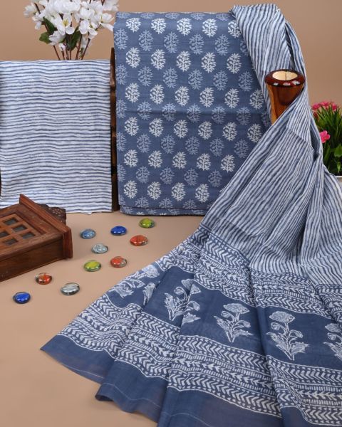 Dark Grey Blue Handloom Suit With Cotton Dupatta