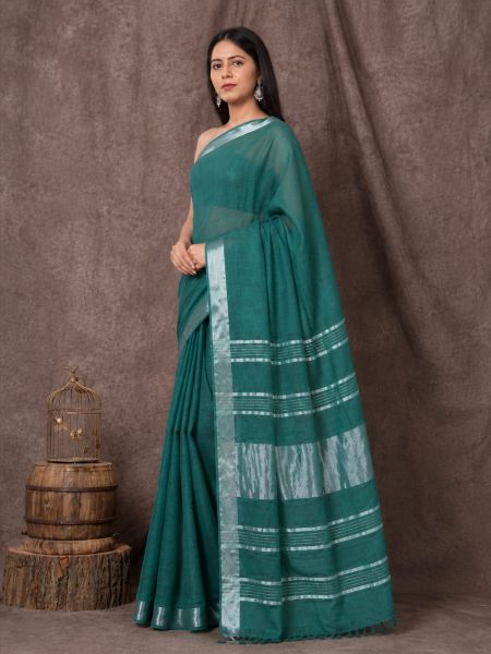 Green Pure Handloom Linen By Linen Saree From Bengal