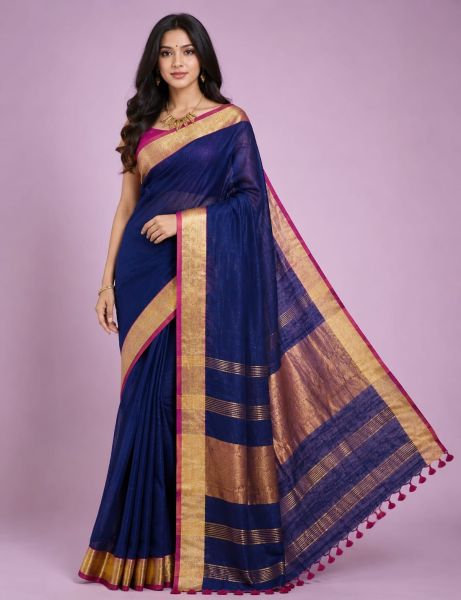 Royal Blue Pure Handloom Linen By Linen Saree From Bengal