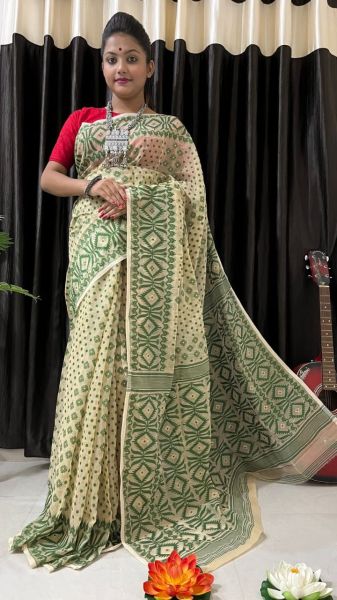 Cream Pure Handloom Dhakai Jamdani Cotton Saree From Bengal