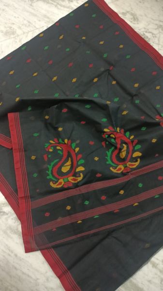 Black Butta Handwoven Pure Cotton Jamdani Saree From Bengal