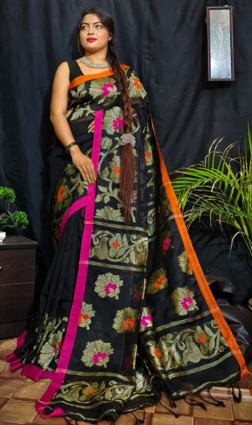 Black Linen Jamdani Saree From Bengal