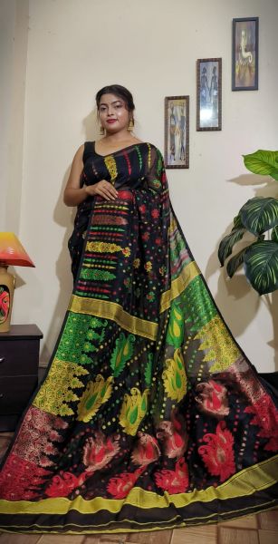 Black Mango Design Dhakai Jamdani Cotton Saree From Bengal