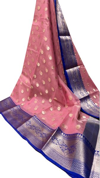 Baby Pink Maheshwari Kora Soft Silk Organza Sarees