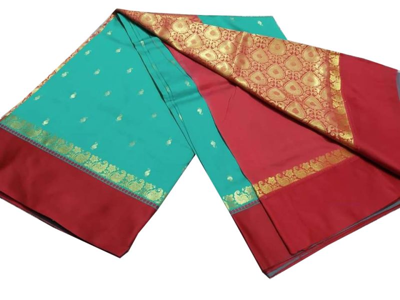 Mint Green & Red Bengal Garad Silk Sarees