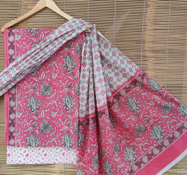 Pink White Hand Block Printed Cotton Suit And Pant And Dupatta