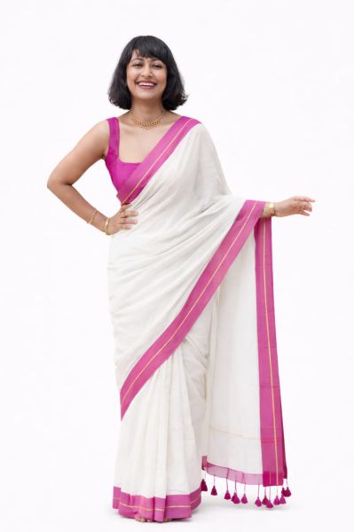 White Pure Handloom Mulmul Cotton Saree From Bengel