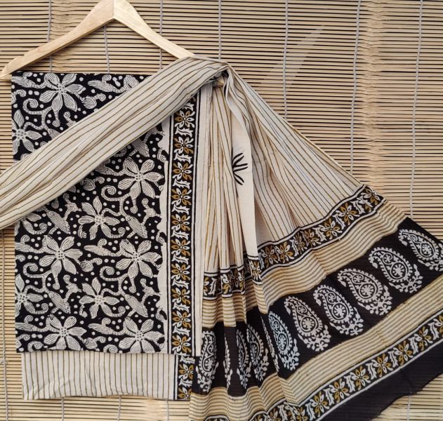 Off White Black Hand Block Printed Cotton Suit And Pant And Dupatta