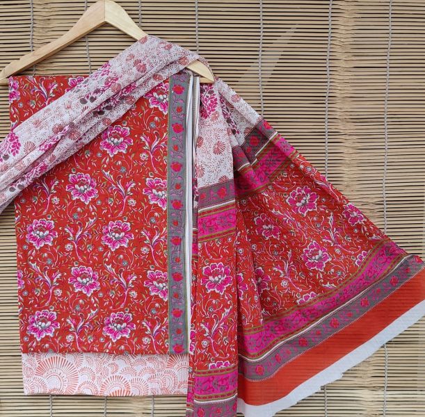 Red White Hand Block Printed Cotton Suit And Pant And Dupatta