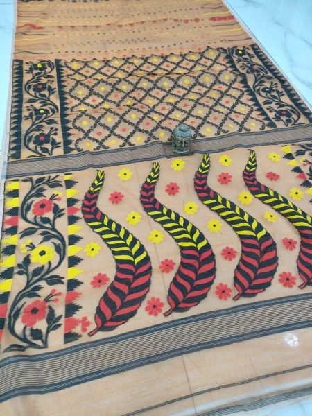 Beige Buti Design Pure Handloom Dhakai Jamdani Saree