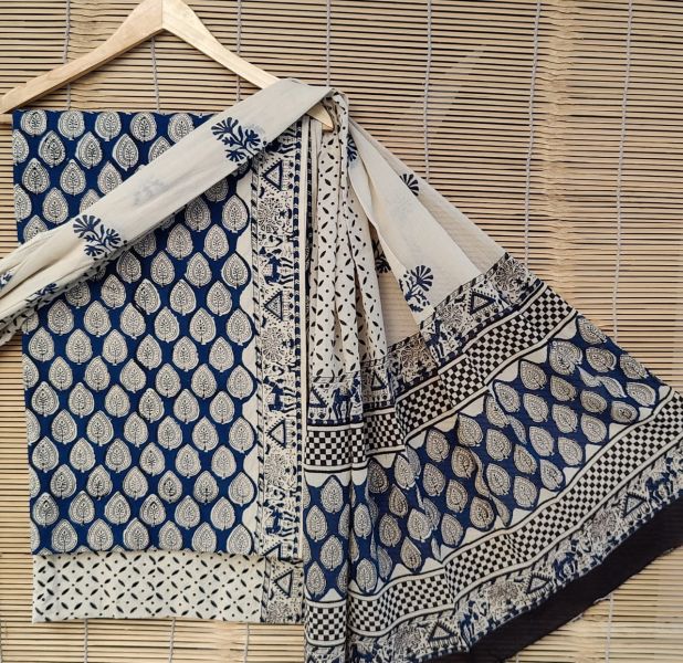 White Black Blue Hand Block Printed Cotton Suit And Pant And Dupatta