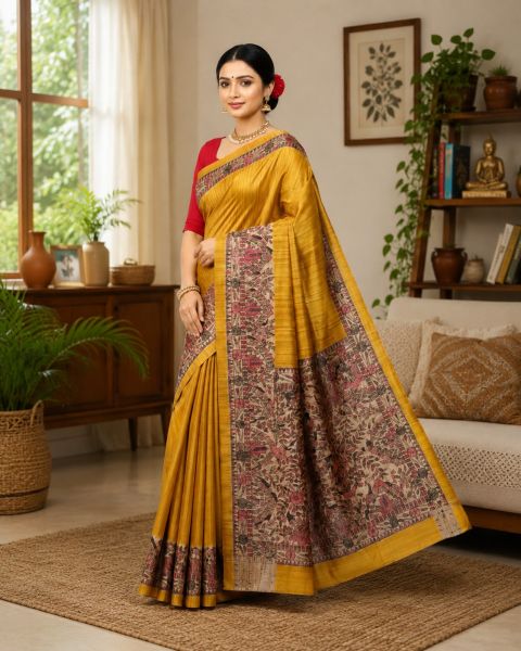 Yellow Elegant Women Madhubani Handcrafted Handloom Pure Tassar Silk Saree