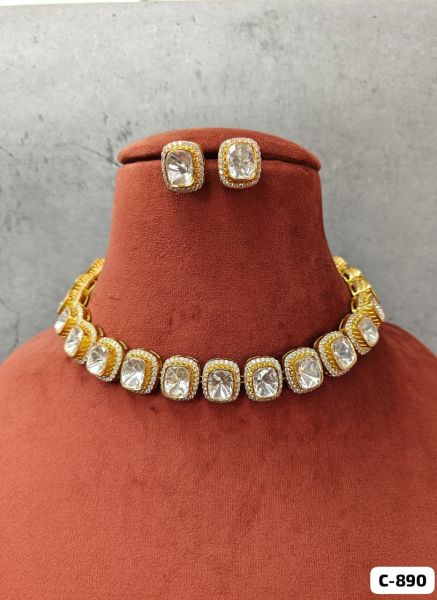 Real Moissanite Polki Set in Antique Gold Polish