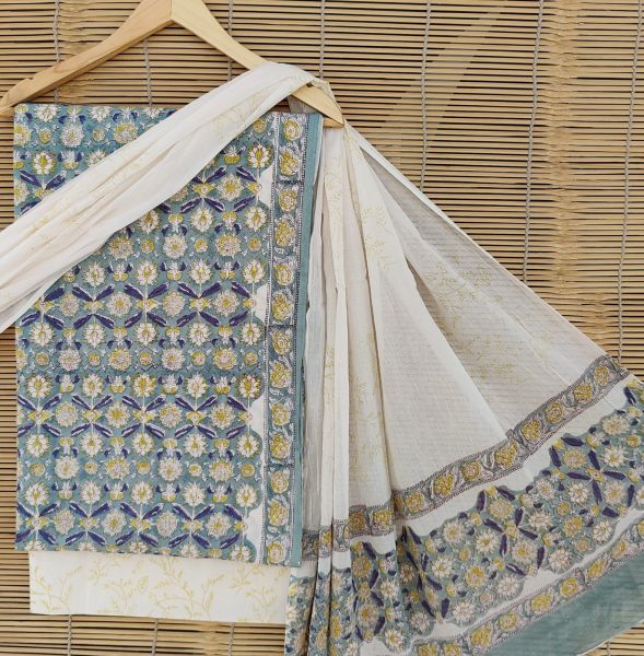 White Grey Hand Block Printed Cotton Suit And Pant And Dupatta