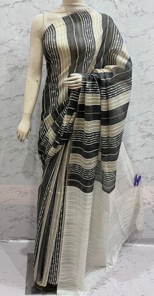 Black And Grey Kota Silk Flag Stripe Saree From Bhagalpur
