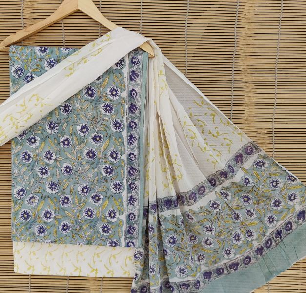 Grey White Hand Block Printed Cotton Suit And Pant And Dupatta
