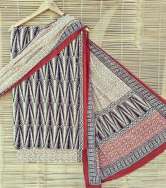 Black Maroon White Hand Block Printed Cotton Suit And Pant And Dupatta