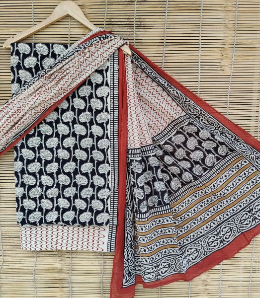 Black White Maroon Hand Block Printed Cotton Suit And Pant And Dupatta