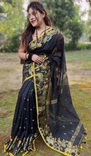 Black Peacock Design Cotton Silk Saree From Bengal