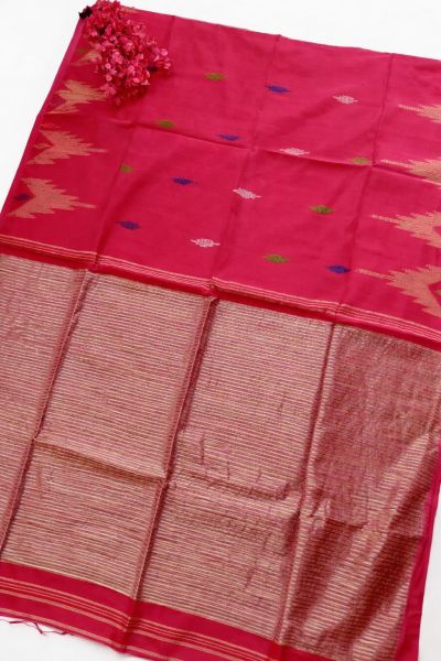 Red Ghicha Silk Cotton Pure Handloom Saree From Bengal