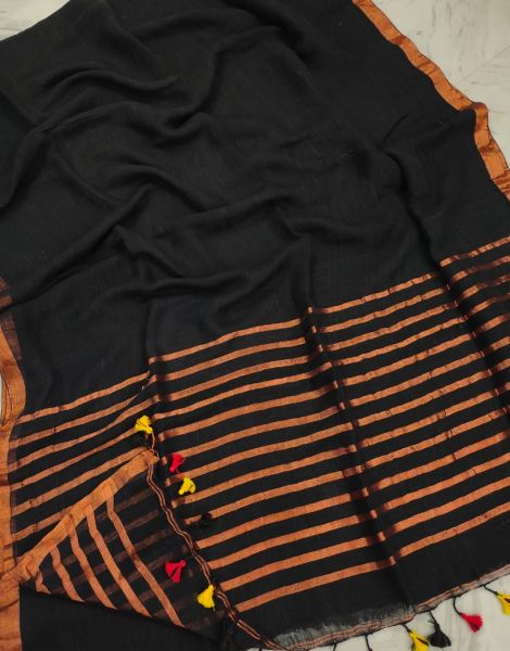 Black Copper Zari Linen Saree From Bengal