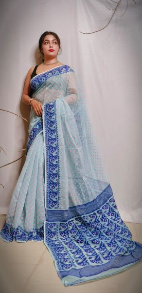 White Pure Handloom Dhakai Jamdani Cotton Saree From Bengal