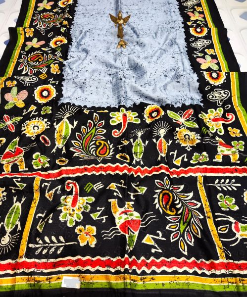 Black And Off White Semi Crack Batik Print Cotton Silk Saree From Bengal