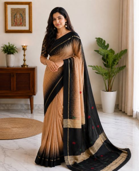 Light Peach Pure Handloom Ikkath Silk Cotton Saree From Bengal