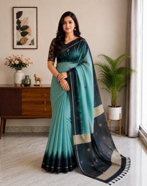 Aqua Green Pure Handloom Ikkat Silk Cotton Saree From Bengal