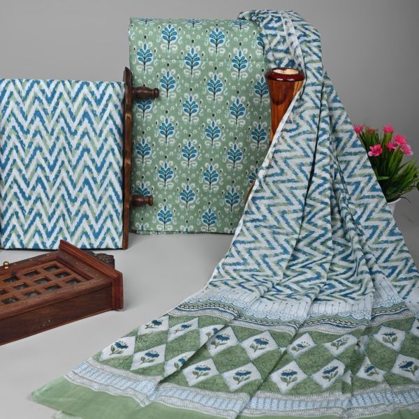Green Grey Pure Handloom suit with Cotton Dupatta