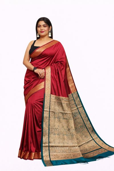 Brick Red Kashmiri Pashmina Silk Saree From Bengal