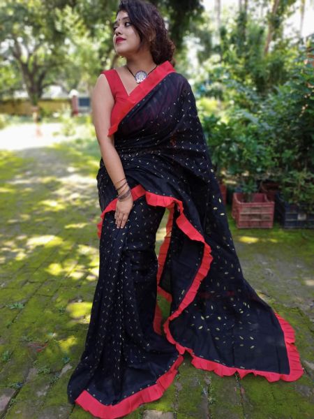 Black Minakari Dhakai Jamdani Silk Cotton Saree From Bengal