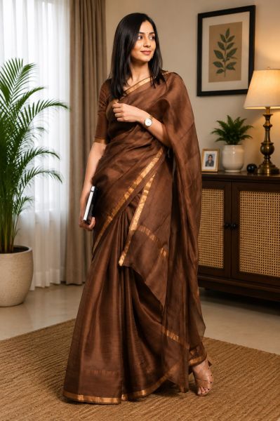 Coffee Pure Handloom Maslin Tussar Silk Saree From Bengal
