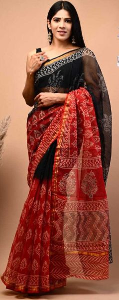 Black And Brick Red Kota Doria Cotton Printed Saree