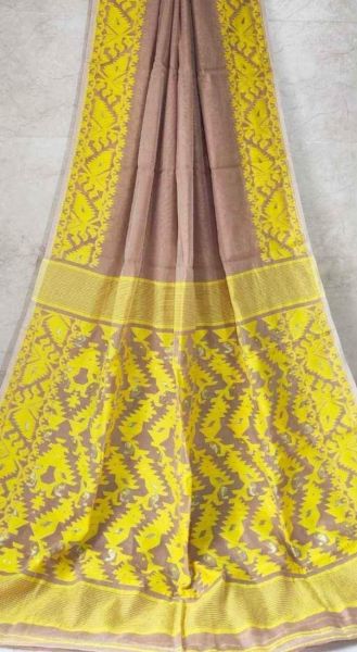 Beige Plain Body Pure Handloom Dhakai Jamdani Saree