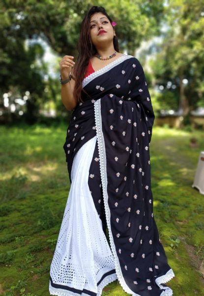 Black And White Cotton Saree From Bengal