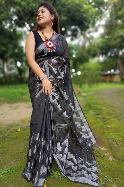Black Birds Design Cotton Silk Saree From Bengal