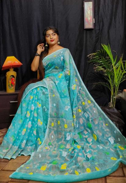 Aqua Blue Panpata Dhakai Jamdani Cotton Zari Saree