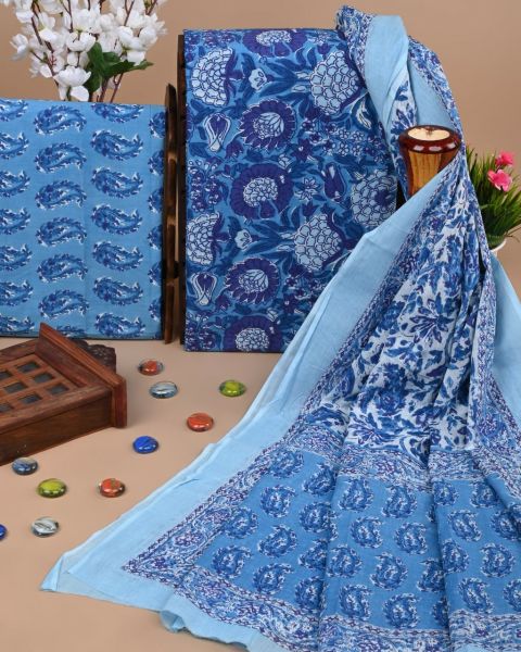Mid Blue Pure Handloom suit with Cotton Dupatta